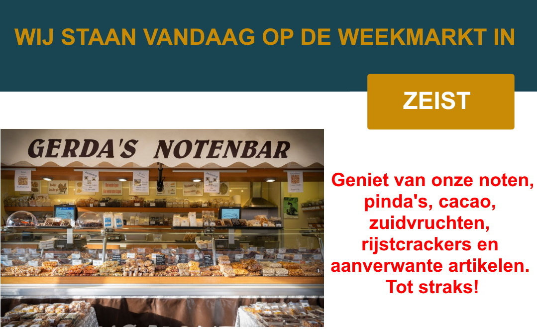 NlGerda's tweet photo. Vandaag staan wij op de weekmarkt in Zeist
Geniet van onze noten, pinda's, cacao, zuidvruchten, rijstcrackers en meer. Je kunt online bestellen en dan in onze Notenbar! Bekijk ons aanbod op https://t.co/kG3AGhZjZI.
#zeist #notenbar #notenhuis #bestelonline #marktzeist https://t.co/aW478jpOrr