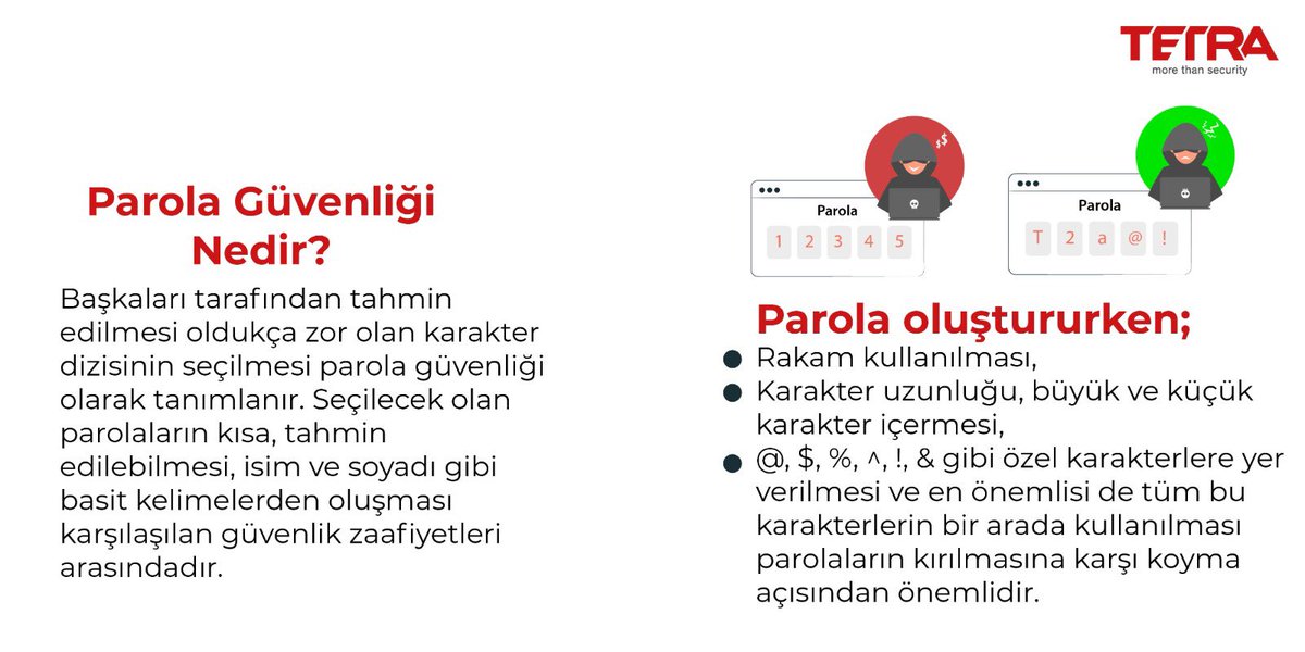 Başkaları tarafından tahmin edilmesi oldukça zor olan karakter dizileri parola olarak tanımlanır. Şirket ve kişisel bilgilerinizi koruma altına almak için güçlü parolalar oluşturmanız çok önemlidir. 
#tetrabilisim #güçlüparola #güvenlik