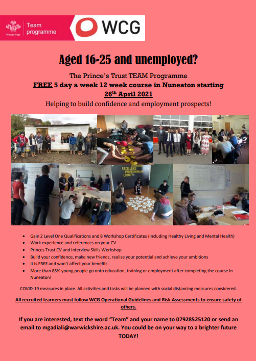 NunnyTrust's tweet photo. Are you aged 16-25 and not in education of employment? we are still recruiting and have spaces available for the 26th of April. For more information email mgadiali@warwickshire.ac.uk or text 07928525120 https://t.co/Fukc7tYwJf