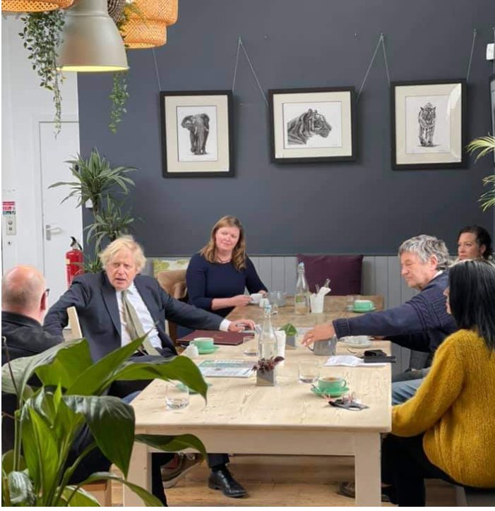 SonicDalek's tweet photo. Here's where BoJo has been this morning. Truro...in a Café! No social distancing, no masks, more than two households, indoors! One rule for us and one for him! Photos were quickly removed from the FB page which posted them. Why was that? https://t.co/HJPgo3OWK1