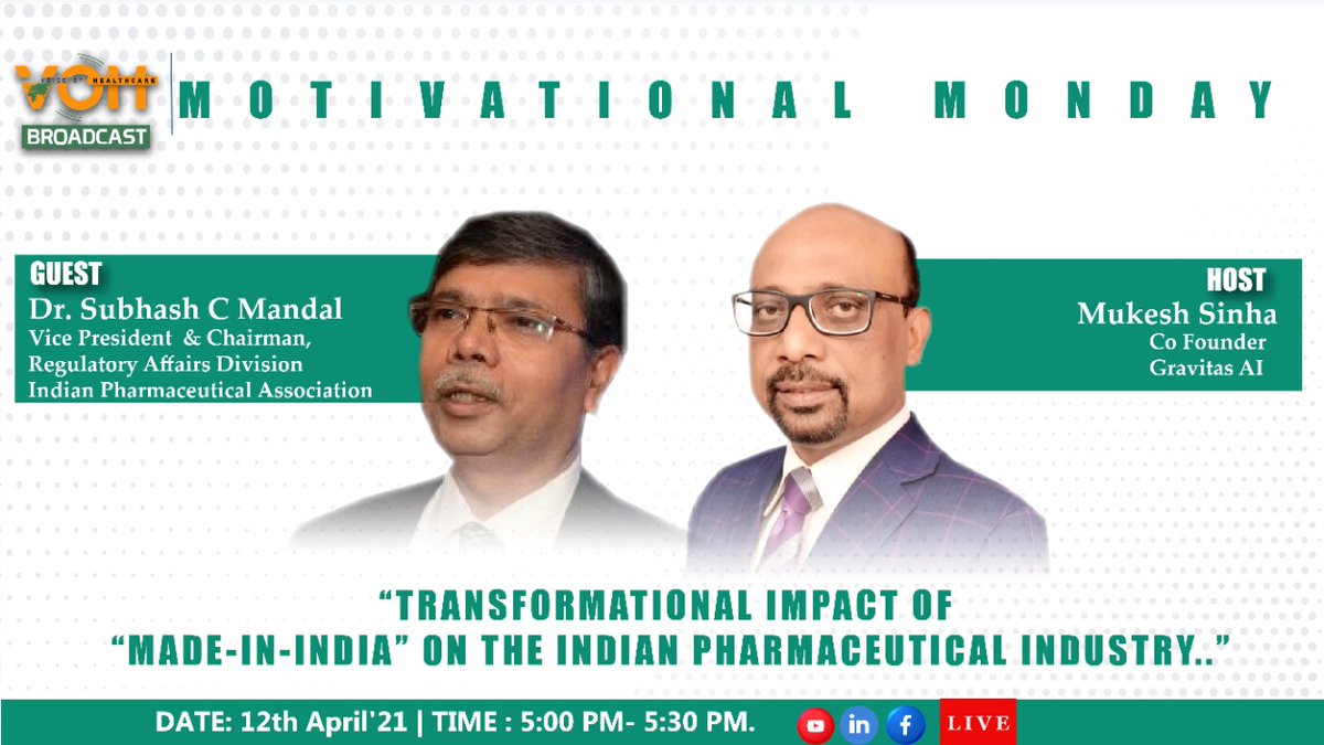 Motivational Monday | Dr. Subhash C Mandal &amp; Mukesh Sinha | LIVE on 12th April 2021 at 5:00 PM (IST)

youtube.com/watch?v=sA-Awt…

#healthcare #Pharmaceutical #healthcareprofessionals #LeadersChat #DigitalHealth #AI #madeinindia