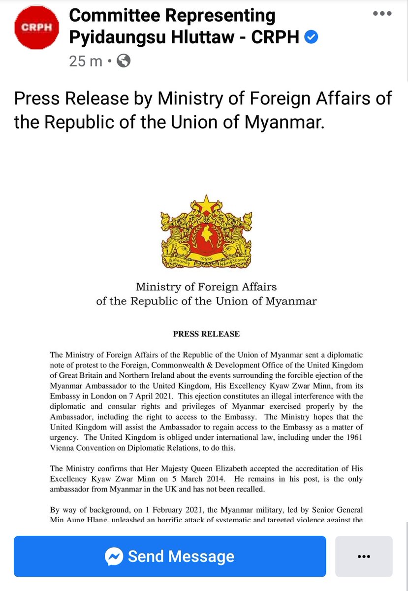 MayWongST's tweet photo. #Myanmar @CrphMyanmar criticises lockout of ambassador to the #UK from #London embassy by Myanmar #military orders saying it's "illegal interference with diplomatic &amp; consular rights &amp; privileges" of nation. Maintains ambassador "has not been recalled" #WhatsHappeningInMyanmar https://t.co/DpaLFF2Yep