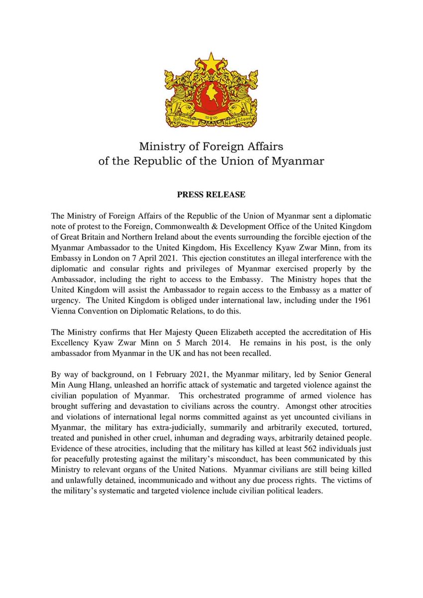 MayWongST's tweet photo. #Myanmar @CrphMyanmar criticises lockout of ambassador to the #UK from #London embassy by Myanmar #military orders saying it's "illegal interference with diplomatic &amp; consular rights &amp; privileges" of nation. Maintains ambassador "has not been recalled" #WhatsHappeningInMyanmar https://t.co/DpaLFF2Yep