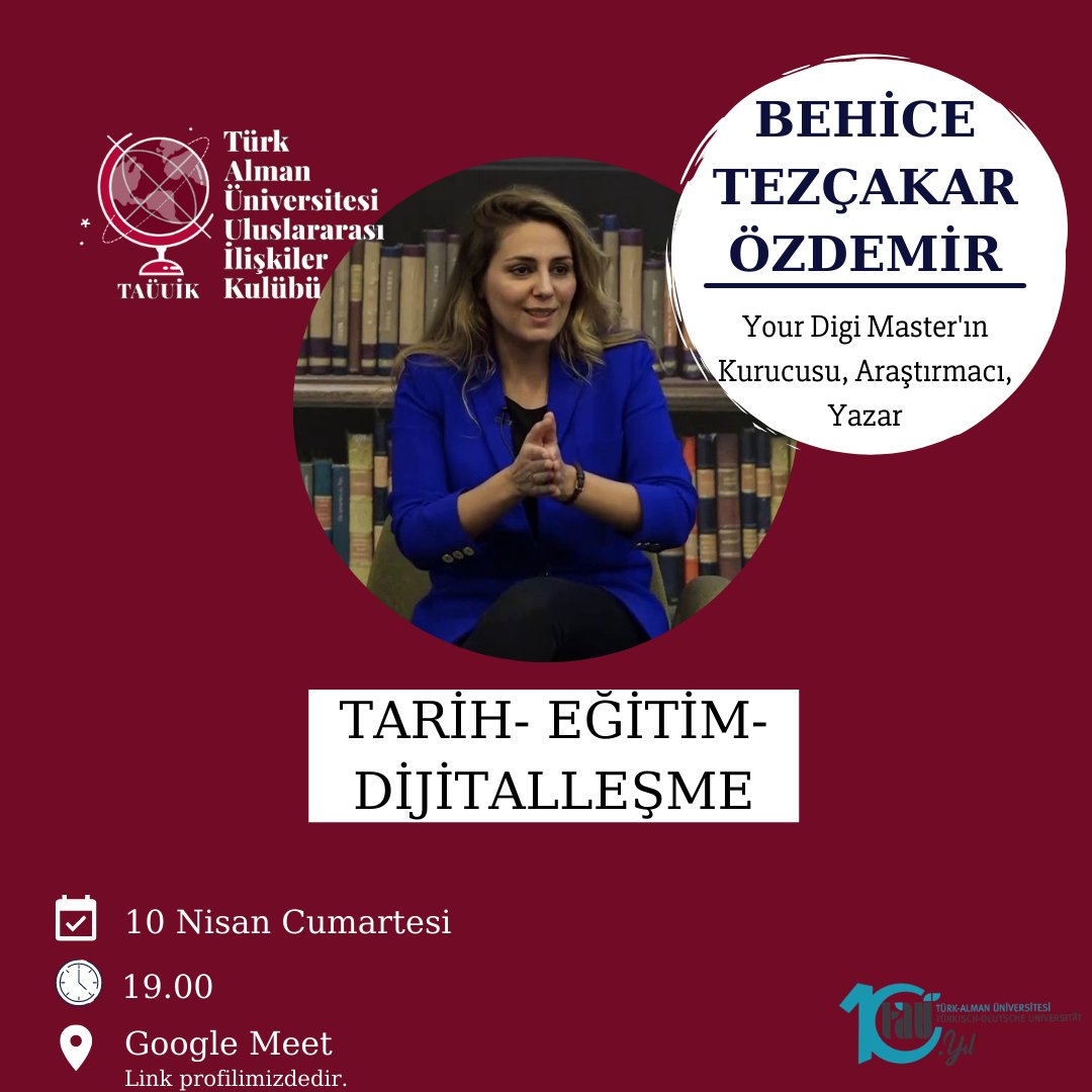 TARİH- EĞİTİM- DİJİTALLEŞME 
Okulumuz öğretmenlerinden Behice Tezçakar Özdemir ile 10 Nisan Cumartesi günü saat 19.00'da buluşuyoruz. Herkesi bekliyoruz.
Link: meet.google.com/ojw-ghqv-igv