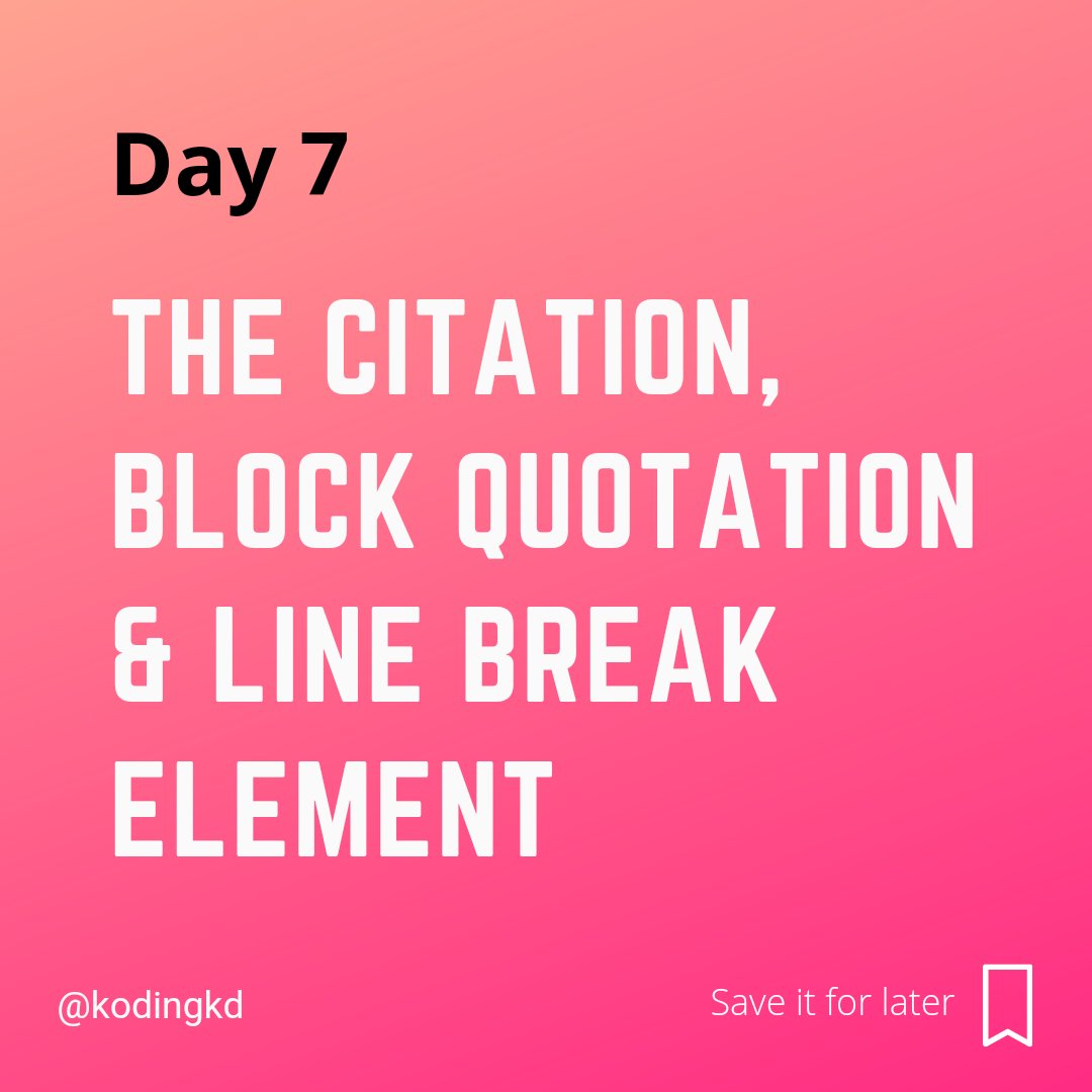 kodingkd's tweet image. Day - 7 | The Citation, Block Quotation & Line Break element in HTML
Follow @kodingkd for more 💯
.
Was It helpful?
Let me know in the comments 👇🏼
.
.
.
#htmlcoding #htmlcss #htmlcode #kodingkd #scss #csstricks #csstips #css3code #programmerslife #instagramforprogrammers