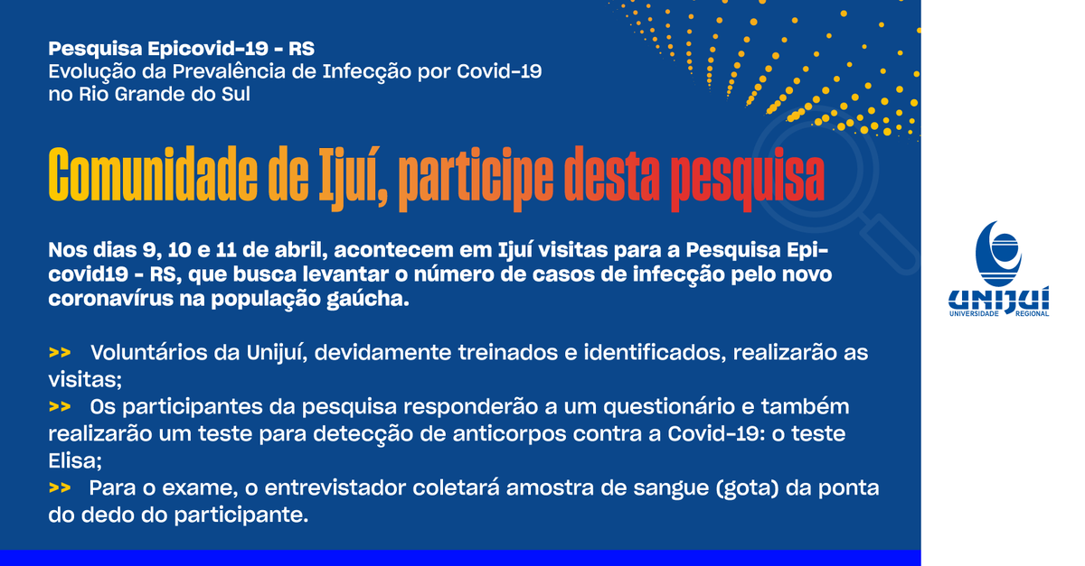 Unijui's tweet photo. A partir de amanhã e durante o fim de semana, será realizada em Ijuí uma nova rodada da pesquisa Epicovid19-RS. É importante que toda a comunidade receba nossas equipes. Contamos com o seu apoio!
#pesquisa #epicovid #covid19 #maisunijui #ciência #coronavirus #unijui #saude https://t.co/B6Q87Smmv2