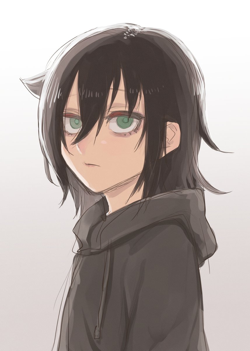 kuroki tomoko 1girl solo black hair hoodie hood green eyes bags under eyes  illustration images