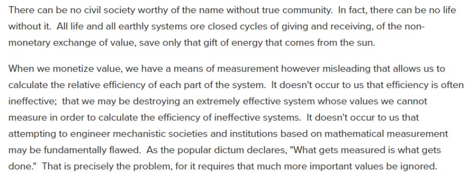 Will attempts to quantify and reward community activity crowd out the non-financial motivations that make a community so valuable and productive in the first place?Again Dee Hock says it better than I can: