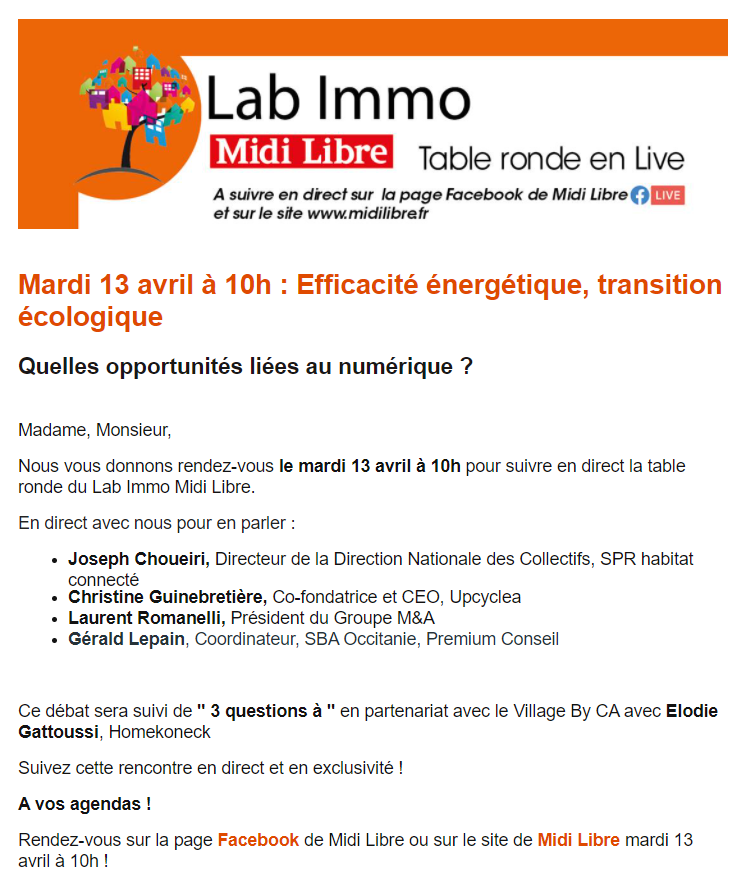 [TABLE RONDE]
A vos agendas ! 📅 
Rendez-vous ce mardi 13 avril à 10h pour suivre M. Laurent Romanelli lors de la table ronde du Lab Immo Midi Libre ! 
Le sujet ? L'efficacité énergétique et la transition écologique. 🌳