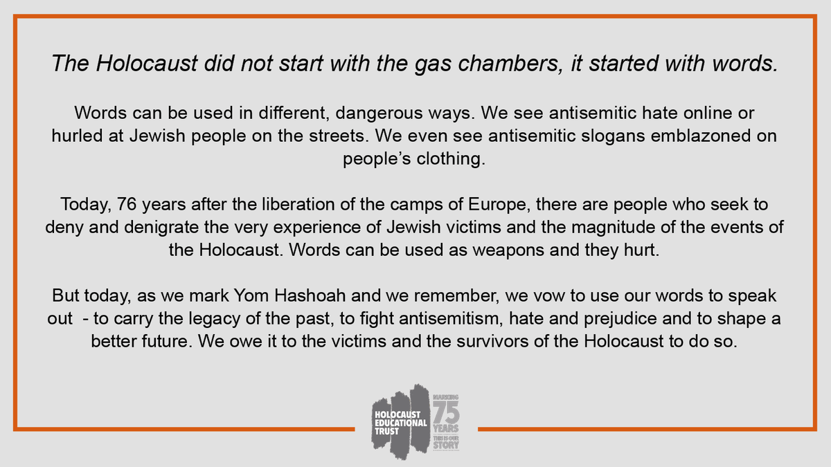 HolocaustUK's tweet photo. "The Holocaust did not start with the gas chambers, it started with words."

The Holocaust Educational Trust is proud to support @ClaimsCon and their new digital campaign #ItStartedWithWords with almost 40 Holocaust organisations from across the world. https://t.co/PP5yS2ROOP