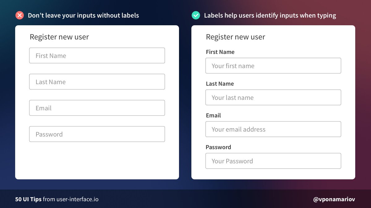  Tip #32 - Don't hide input labelsPlaceholders don't replace labels. When the user entered something in an input, the placeholder disappears leaving the user without no clue what the field means.An only exception is maybe a login form with only two inputs.