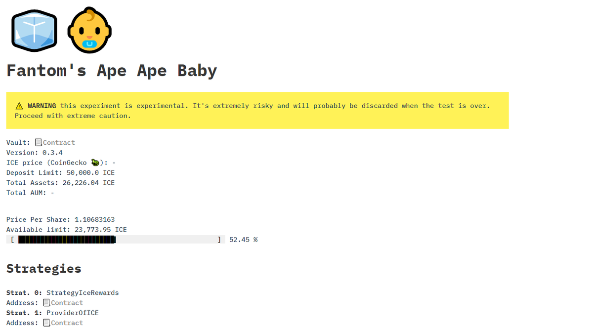 3. As we have our first big farm on  #opera, the first strategic vault deployed on  http://ape.tax  by  @poolpitako !At first, it was basically stake  $ICE for you on  http://popsicle.finance , then restakes it. And it was too aggressive because of zero-cost fees on  $ftm!