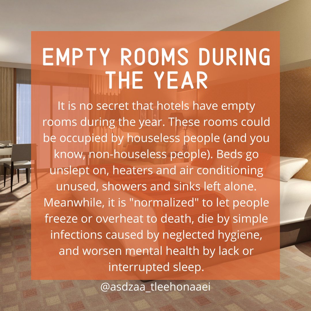 Empty Rooms during the yearIt is no secret that hotels have empty rooms during the year. These rooms could be occupied by houseless people (and you know, non-houseless people). Beds go unslept on, heaters and air conditioning unused, showers and (cont on this thread)