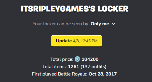 RipleyGames's tweet photo. This is only my stream account. Welp.

#Fortnite #MyLocker https://t.co/Dzv8H2e0Y4