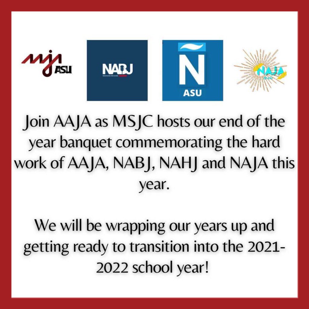 🗓 SAVE THE DATE!
APRIL 14 from 6:30-8 PM

🥳 Join us in celebrating the End-of-the-Year Banquet hosted by @msjccronkite and the diversity orgs! 

🔗 links.asu.edu/MSJCBanquet