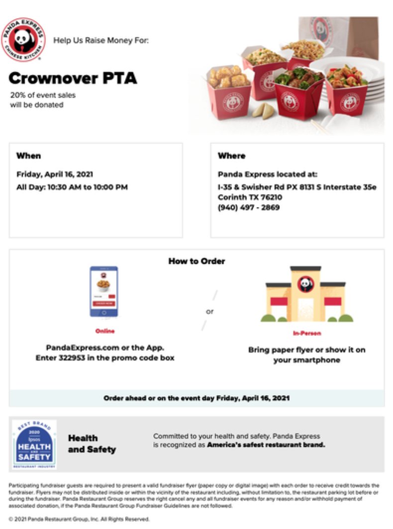 Need a quick fix for dinner? Join the Crownover PTA for a Panda Express night on April 16th. Proceeds support our PTA.