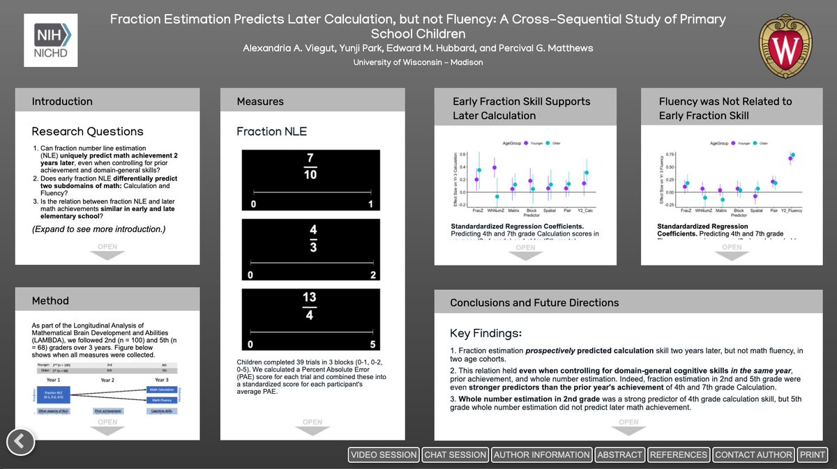 Check out our #SRCD21 poster about how children's early fractions knowledge lays the foundation for their later math achievement! With @ypark246 @EdNeuroLab & Percival Matthews. I'll be on chat and Zoom today at 3:15pm ET! #SRCD2021 #SRCD