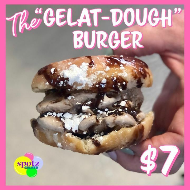 A "Gela-Dough" Burger!  A scoop of your choice of Gelato or Sorbet nestled inside a Krispy Kreme glazed doughnut, topped with powdered sugar and your choice of sauce (Hot Fudge, Strawberry or Caramel) 
$7 each only for the month of April.

Available now … instagr.am/p/CNaRnd7ArgP/
