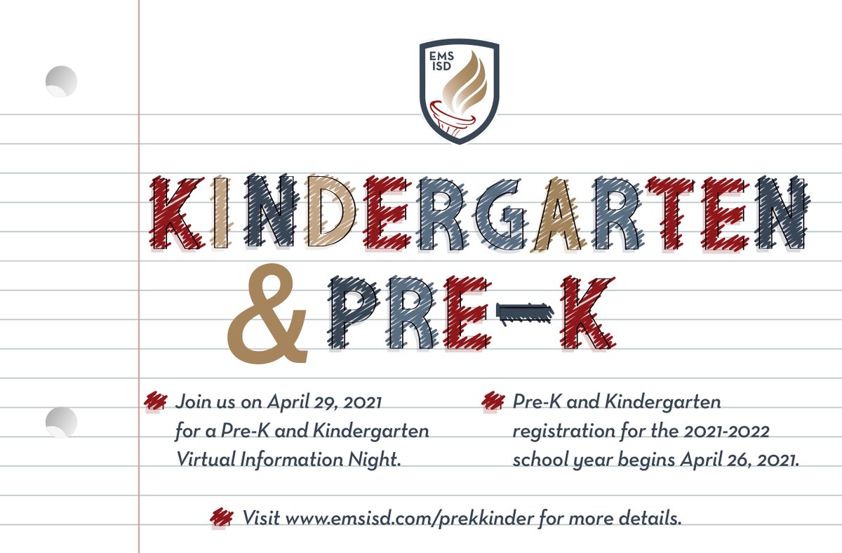 Pre-K &amp; Kindergarten registration opens April 26. EMS ISD offers Pre-K for 4 year olds who qualify. Virtual Info Night April 29 at 6 pm. Kindergarten: teams.microsoft.com/l/meetup-join/…. Pre-K: ow.ly/ppt950EgL79 (English) &amp; ow.ly/OfzI50EgLgH (Spanish). emsisd.com/prekkinder