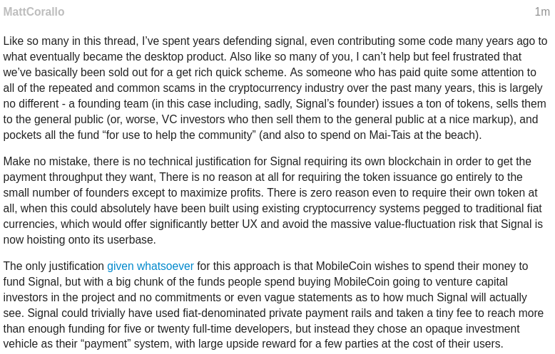 The more I think about it, the more saddened I am about this whole <a href="/signalapp/">Signal</a>/@MobileCoin thing. I mean sure we all saw it coming, but I was really hoping they'd end up walking away before it was too late.