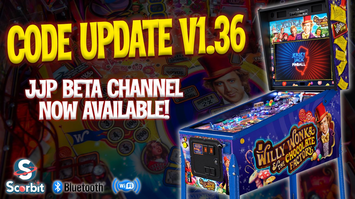JJPinball's tweet photo. Code update v1.36 for Willy Wonka & the Chocolate Factory pinball introduces the new JJP Beta Testing Channel for game software!
View Change-Log: https://t.co/yZDEEn7RFC
Additional update links can be found at:
https://t.co/pgpWwwD8R5
#jerseyjackpinball #pinball #codeupdate https://t.co/QXiWA5JxKR