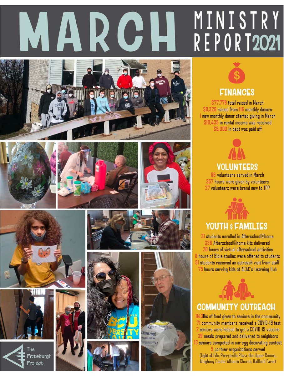 March was a tremendous month of ministry for us here at TPP! 66 volunteers contributed 357 hours in helping care for our community. To read the entire report visit pittsburghproject.org/s/March21.pdf