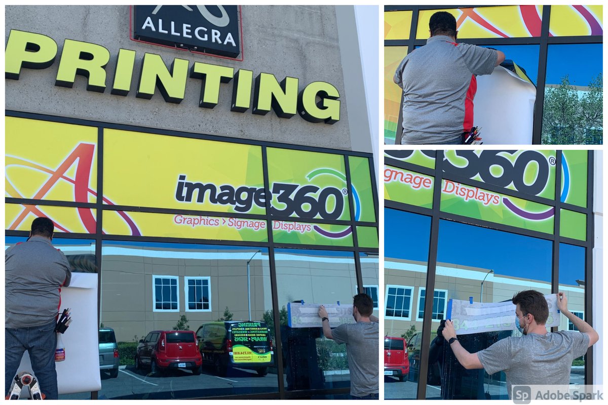 Our install team is hard at work upgrading our storefront. Come by and take a look (we'll post the finished product soon)! We can help you improve your storefront 'curb appeal' too. #perforatedvinyl #windowvinyl #signinstall