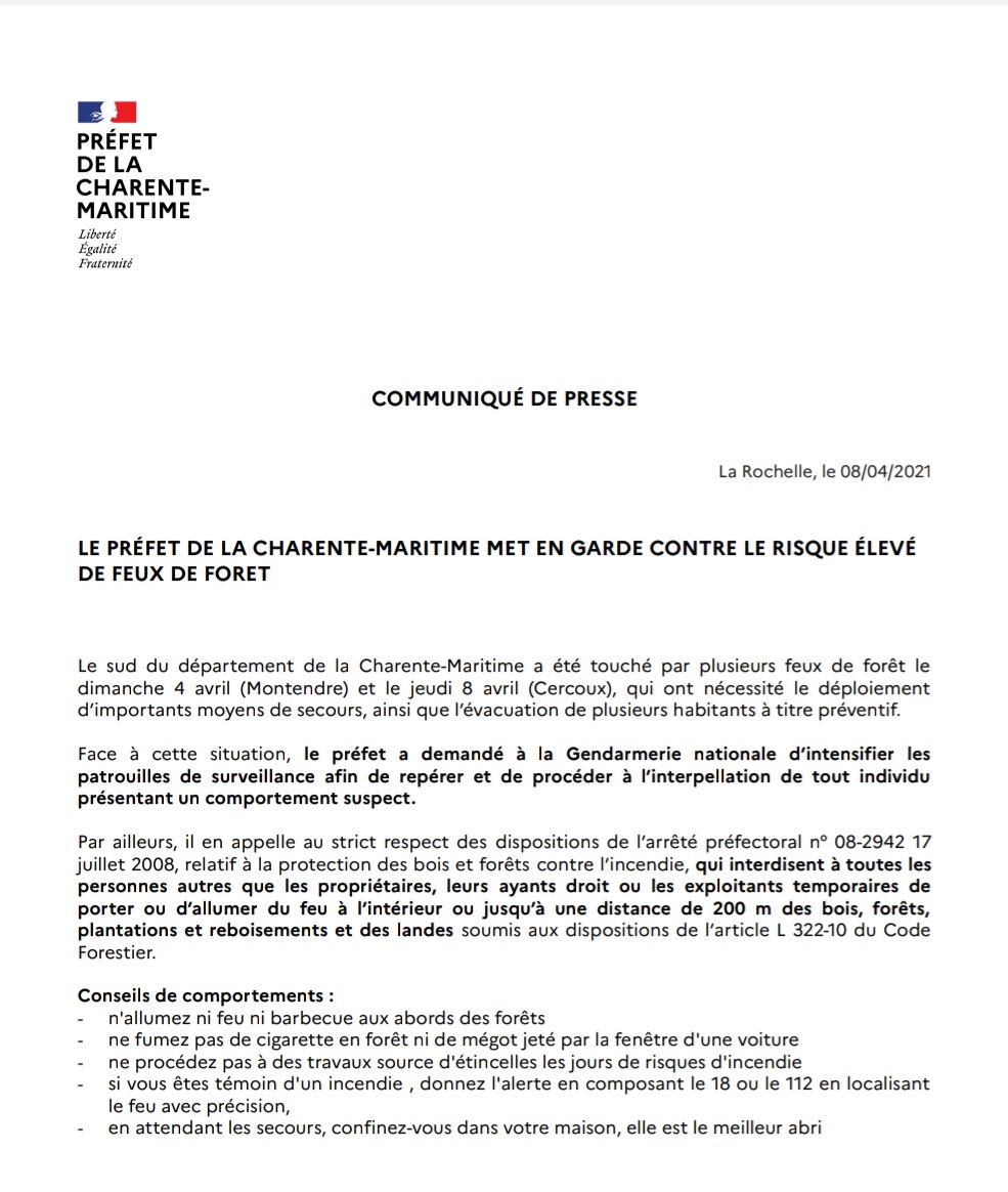 Prefet17's tweet image. 🔥 Plus de 100 pompiers luttent actuellement contre des #Feuxdeforet à #Cercoux.
La sous-préfète de Jonzac est sur place.
Le @Prefet17 met en garde contre le risque élevé de feux de forêt et a demandé à la @Gendarmerie_017 d'intensifier les patrouilles. 
(📷sdis33)
📛 Rappel ⤵️