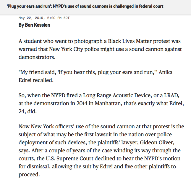 NYPD's SRG Field Force Modules has some history of the LRAD & its use but doesn't mention the NYPD's use of the LRAD as a sound cannon in December 2014 & the lawsuit that resulted.
