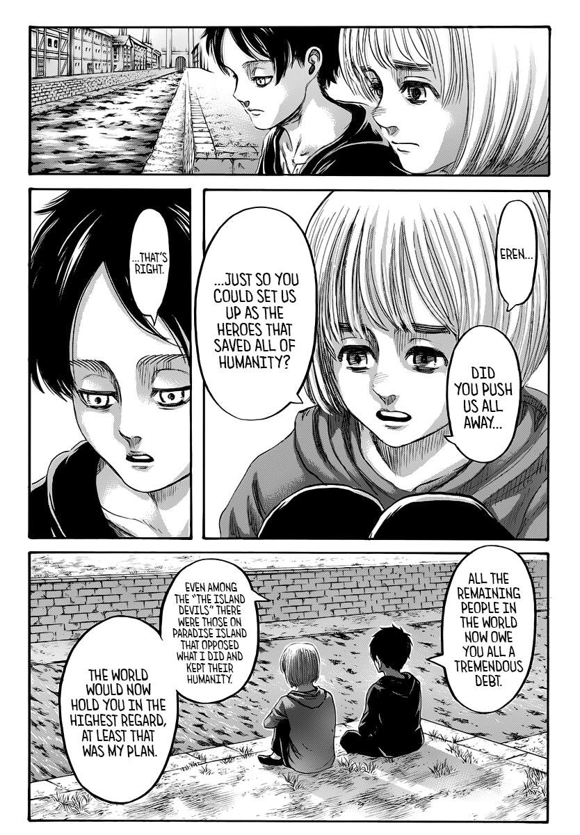 Chapter 139 dimulai dengan percakapan Eren dan Armin kecil di Shigansina. Eren meminta maaf karena dirinya pernah menyakiti Armin dan Mikasa. Eren mengatakan bahwa apa yang telah ia lakukan (Rumbling) adalah untuk membuat Aliansi menjadi pahlawan di mata dunia. #AttackOnTitan139