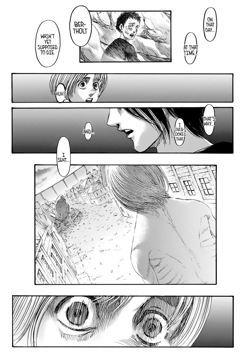 Eren mengatakan bahwa semua yang ia lakukan (Rumbling) selama ini adalah untuk mencapai apa yang diinginkan Ymir Fritz, yaitu kebebasan. Eren mengatakan bahwa ini adalah takdir yang telah ia lihat dan ia harus jalani.  #AttackOnTitan139