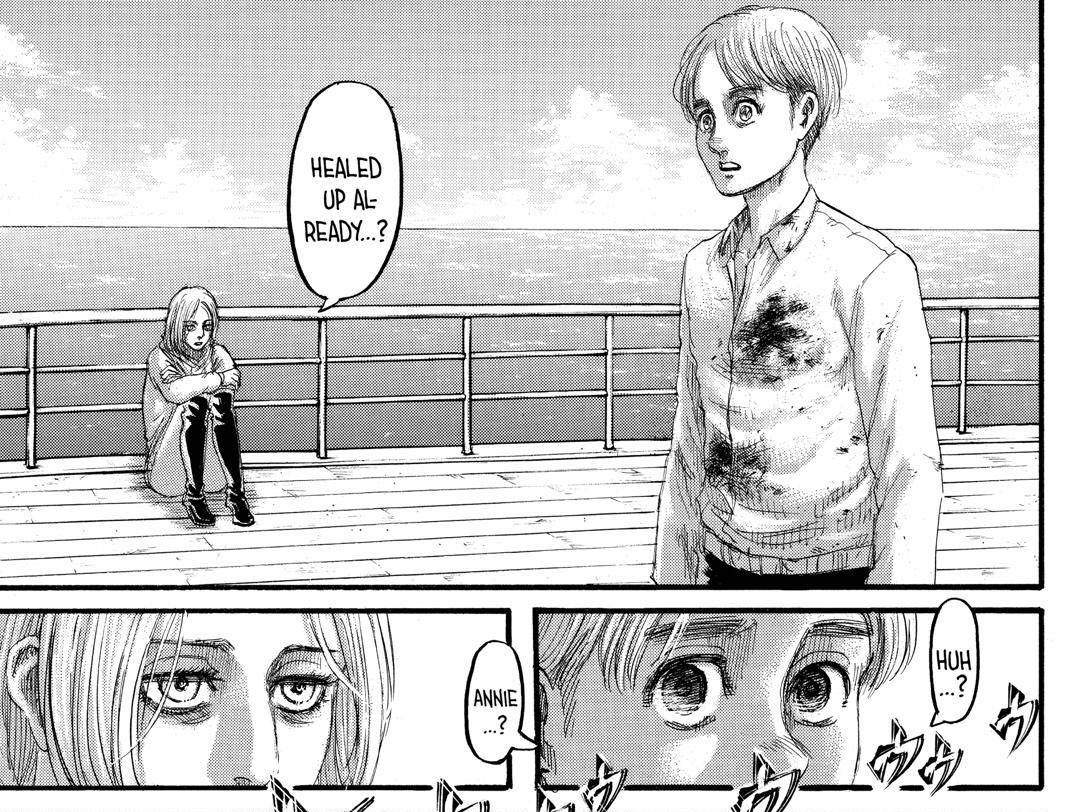 Kalau diperhatikan, Armin terbangun dari ingatannya di sebuah kapal. Ini menunjukkan percakapan sudah terjadi di chapter 131. Ingatan dihapus oleh Eren dan dikembalikan ketika Eren mati.Berikut adalah panel ch 139 (Pict. 1) dan panel ch 131 (Pict. 2 & 3).  #AttackOnTitan139
