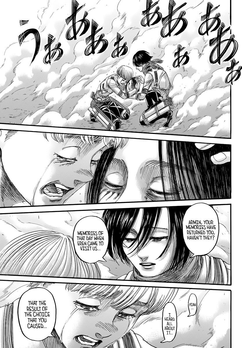 Kembali ke dunia nyata, terlihat Mikasa membawa penggalan kepala Eren yang telah ia tebas. Armin berlari menuju Mikasa dan mulai menangis. Mikasa bertanya kepada Armin “Apakah ingatanmu sudah kembali?” #AttackOnTitan139