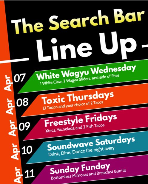 TheSearchBar_'s tweet photo. This weeks Lineup 🙌🏽🙌🏽 Freestyle Fridays, come dress up in your 80s outfit, and Soundwave Saturday, with live DJ spinning all the top hits ! https://t.co/nGTkPSKhkb