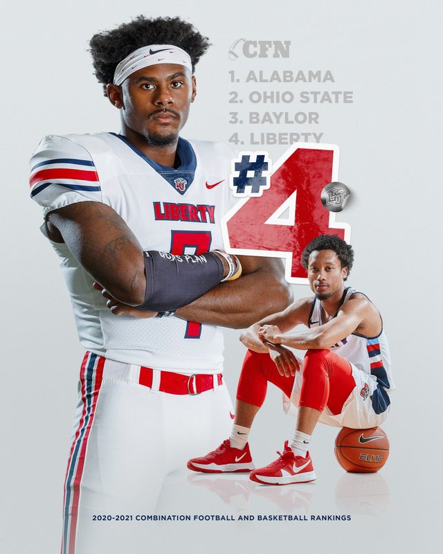 CoachHughFreeze's tweet photo. No. 1 Alabama
No. 2 Ohio State
No. 3 Baylor
No. 4 Liberty

Flames ranked No. 4 in the annual Hoops &amp; Helmets ranking, having one of the best programs in both football and basketball. #RiseWithUs https://t.co/1di5VAiTSl