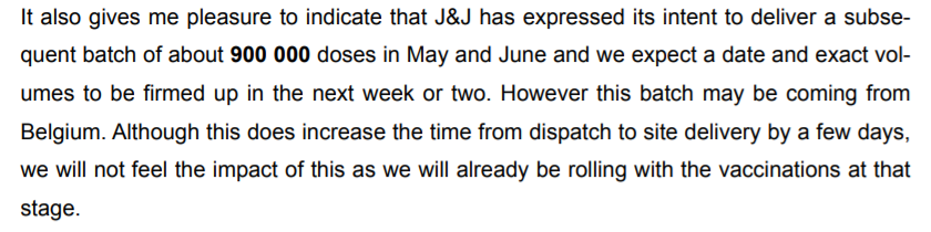 2.  #ZweliMkhize: The 2nd and 3rd J&J  #CovidVaccine batches in May and June (900 000 per month) will come from Belgium (the first batch will come from Aspen in SA), so delivery will be more complex. We'll get an exact delivery date within the next 2 weeks.