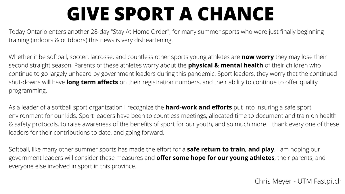 If you agree, please retweet &amp; share with your network. Forward to your local MPP and whomever else could help sports cause. We can return safely to the diamond, the pitch, field and more. Sport is so important to the mental &amp; physical health of our young people.