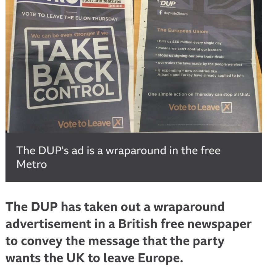 In the last days of the close campaign a 4 page DUP funded ad was taken out in a GB newspaper. Mervyn Storey defended the cost of the ad which was greatly in excess of what the DUP could afford. The DUP had been used to funnel money to get round Vote Leave's spending limits.8/n