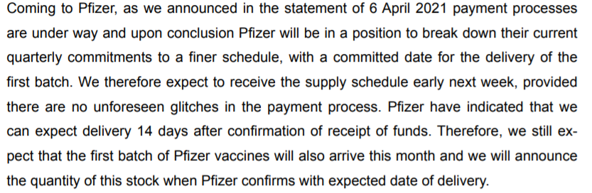 3.  #Pfizer 1st batch of  #CovidVaccines is likely to arrive in April. Next week, Pfizer will tell SA how many doses + also a specific delivery date (if there are no payment glitches).  #ZweliMkhize previously said we'll get 5.5 million doses between April + June.