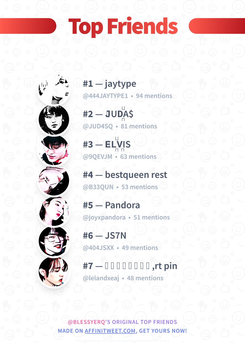 ✨ Top Friends

🥇 444JAYTYPE1
🥈 JUD4SQ
🥉 9QEVJM
🏅 B33QUN
🏅 joyxpandora
🏅 404JSXX
🏅 lelandxeaj

➡️ affinitweet.com/top-friends