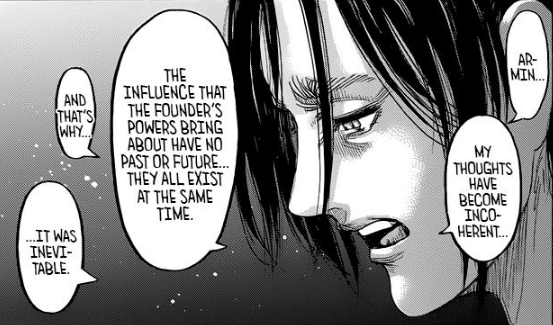 I'm not sure why Eren is speaking like he doesn't know what'll happen when on the next page he literally says that he sees *everything* while in the paths with the Founder's power, but back to Mikasa for a moment  #aot139spoilers