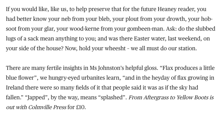.<a href="/TheTLS/">The TLS</a> praises <a href="/MauraMowillian/">Maura Johnston</a>'s glossary of Seamus Heaney hearth language: 'You had better know your neb from your bleb, your plout from your drowth, your hob-soot from your glar, your wood-kerne from your gombeen-man...'