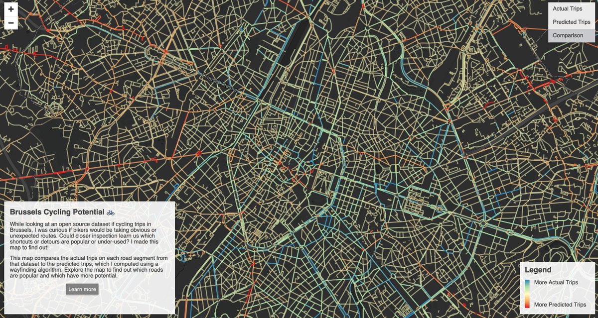 bikedataproject's tweet photo. Here's the Brussels Cycling Potential! 🚲💯

Based on the #opendata we published, Manuel made a model to compare the actual trips on each road segment with the predicted trips. It shows which roads are popular and which have more potential! 💥

Full map: https://t.co/jRtizwRD8Z https://t.co/8KZ4H3wUmr