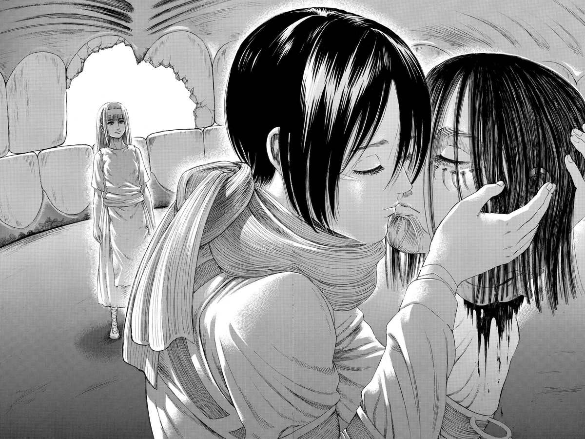 So we knew that Ymir was bound to Fritz and never disobeyed him, and we just found out that he loved him as well. So was Ymir waiting for Mikasa to kill Eren as a way to vicariously experience being "freed" from her love?? You see how convoluted this already got  #aot139spoilers