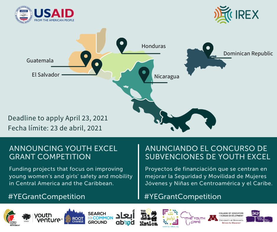thebiznation_'s tweet photo. #YouthExcel busca proyectos que mejoren la seguridad y movilidad de mujeres jóvenes y niñas en América Central y el Caribe.
Obtenga más información y presente su solicitud aquí: https://t.co/ObypxtKHHZ
Fecha límite: 23 de abril, 2021
#USAID #researchforchange #YEGrantCompetition https://t.co/CCumqNFpgM