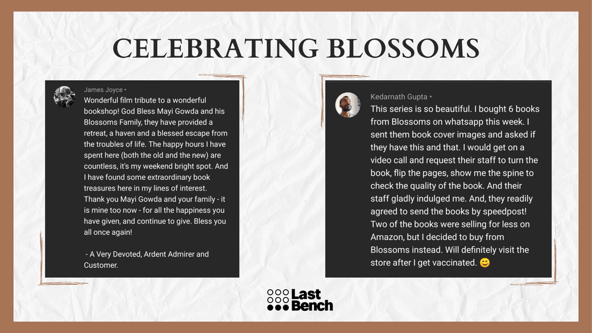 Lastbenchtweets's tweet photo. As storytellers, nothing brings us more joy than listening to our viewers narrate their encounters on our videos. 

Here are a few favourite comments from our documentary on Blossom Book House (https://t.co/93NBX7BlJ6). 👇

PS: Thank you and keep sharing; we are all ears :) https://t.co/LgfOH4DtoW
