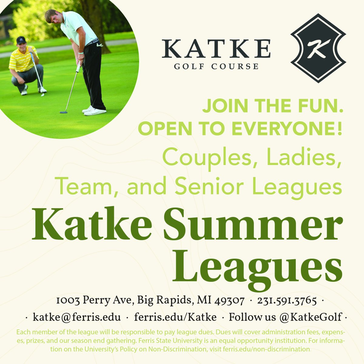 Summer golf leagues are beginning to form! Don't miss the fun!  Click the link to sign up: forms.office.com/Pages/Response…  We're excited to start our leagues, so sign up soon! See you on the green.  #FerrisState #KatkeGolf