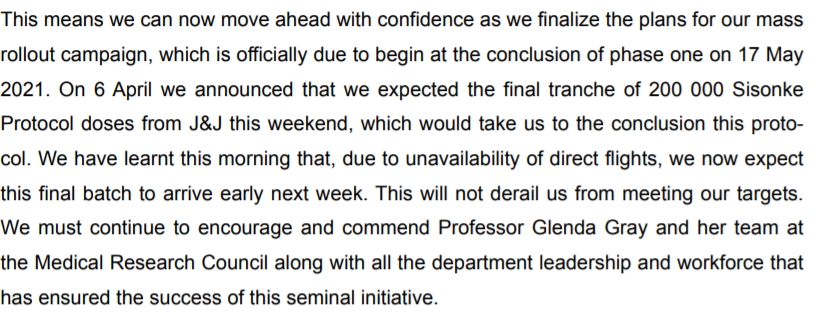4. The 200 000 Sisonke J&J  #CovidVaccines that were going to arrive this Saturday (10 April), have been delayed. They will now arrive early next week. Reason: unavailability of direct flights.