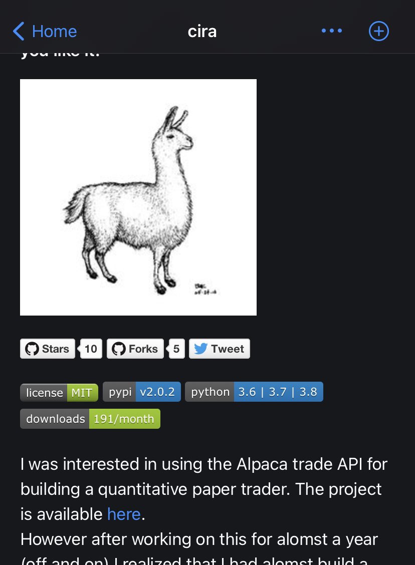 Axel_Gard's tweet photo. Wtf is happening cira is almost at 200 downloads in the last month #Stocks #Alpaca #Python #cira https://t.co/BU1NezgcpN