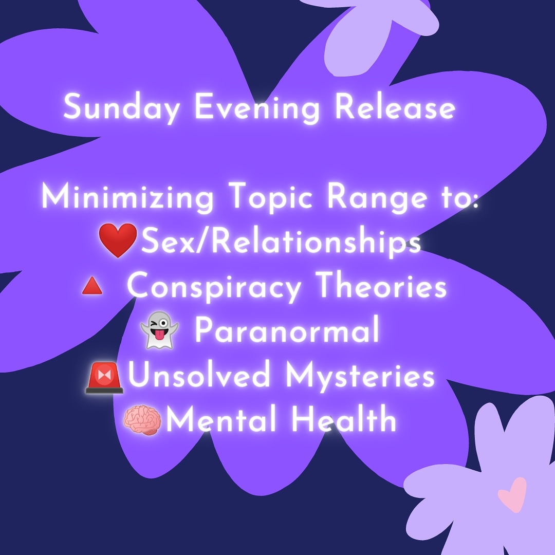I've been on the struggle bus lately with life and I've been thinking about what changes I could make to sustain my podcast because I love doing it. This is what I came up with!
🚨New episode release day
🚨Narrowing down my content to what REALLY strikes my fancy (and yours!)
